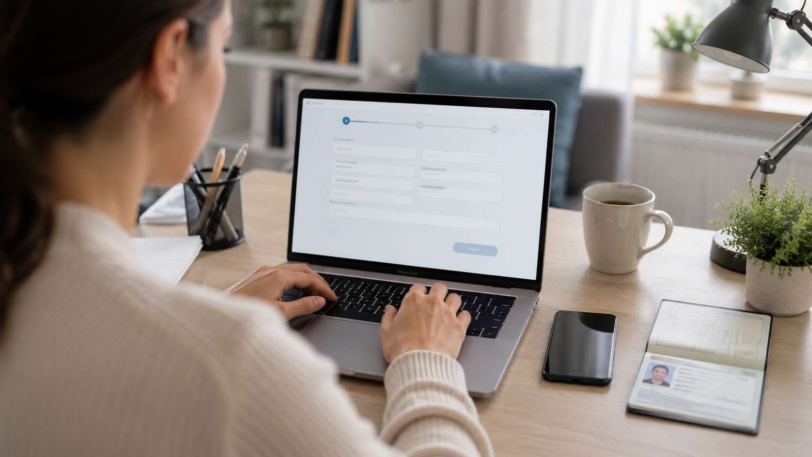 Person filling in an online benefits application on a laptop at home with ID documents beside them