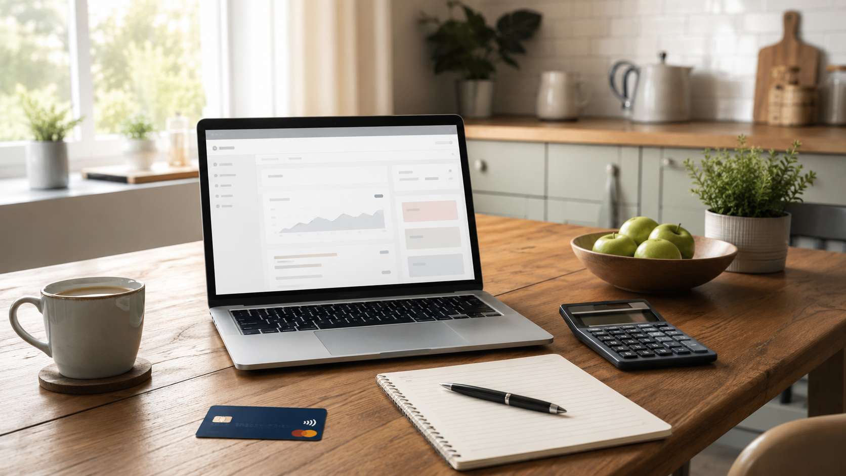 Kitchen table with a laptop, bank card, calculator and notepad representing managing a Universal Credit claim